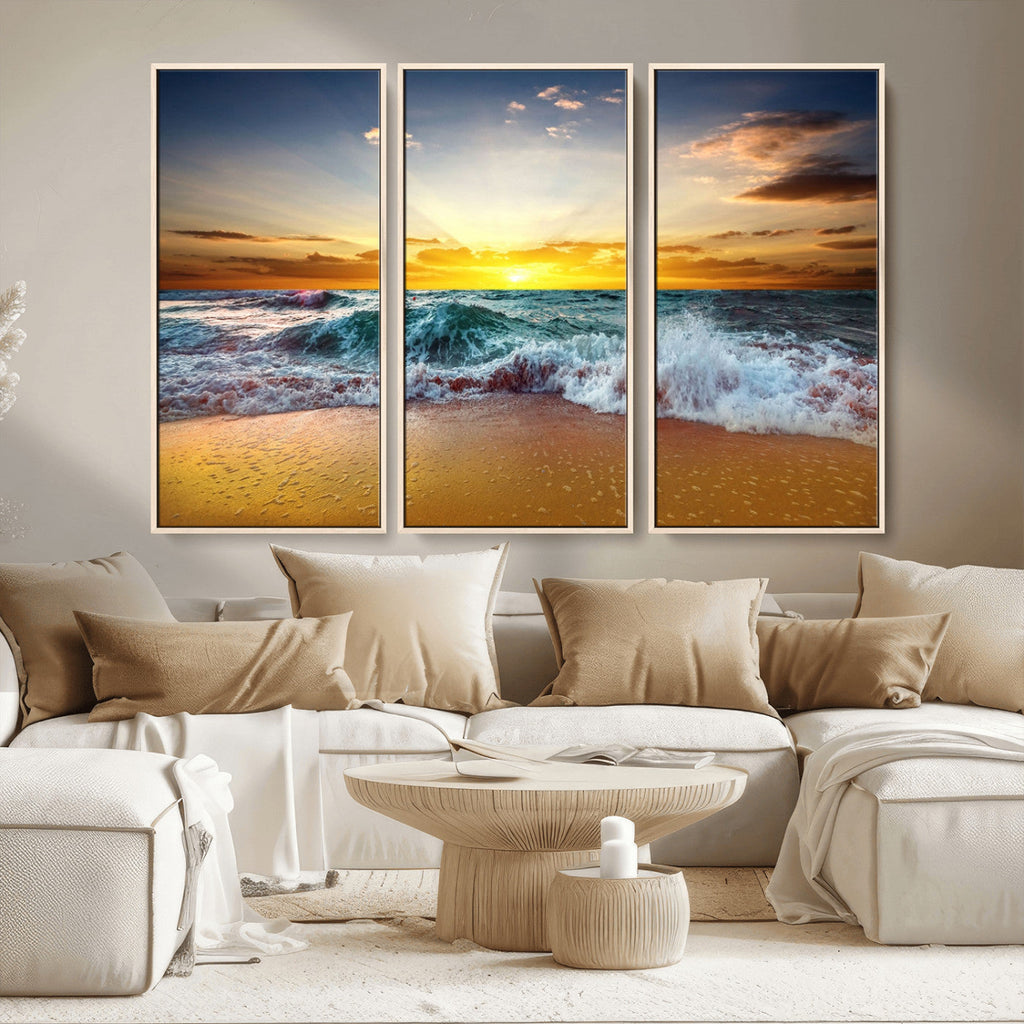 Golden Sunset Ocean Waves Wall Art Canvas Print | Multi Panel Beach Canvas Set, Coastal Triptych