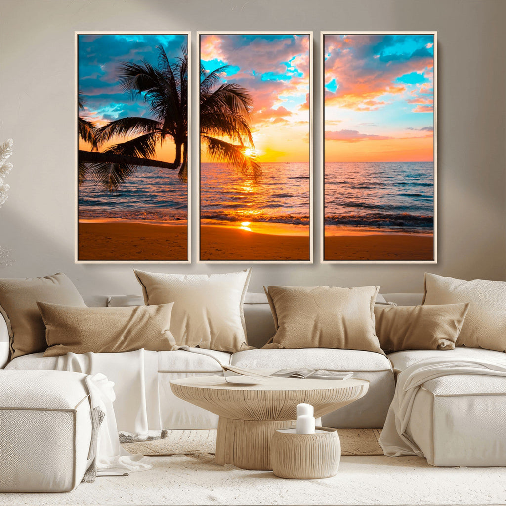 Palm Tree Sunset On The Beach Wall Art Canvas, Framed Palm Tree Sunset Canvas Print