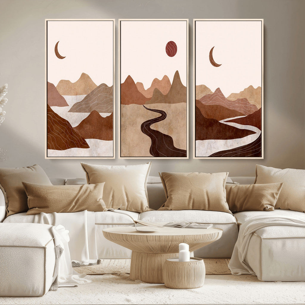 Boho Wall Art Canvas Print Set | Mid-Century Bohemian Wall Artwork, Boho Neutral