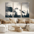 Forest Mountain Print | Black and White Canvas Wall Art with Misty Forest Design