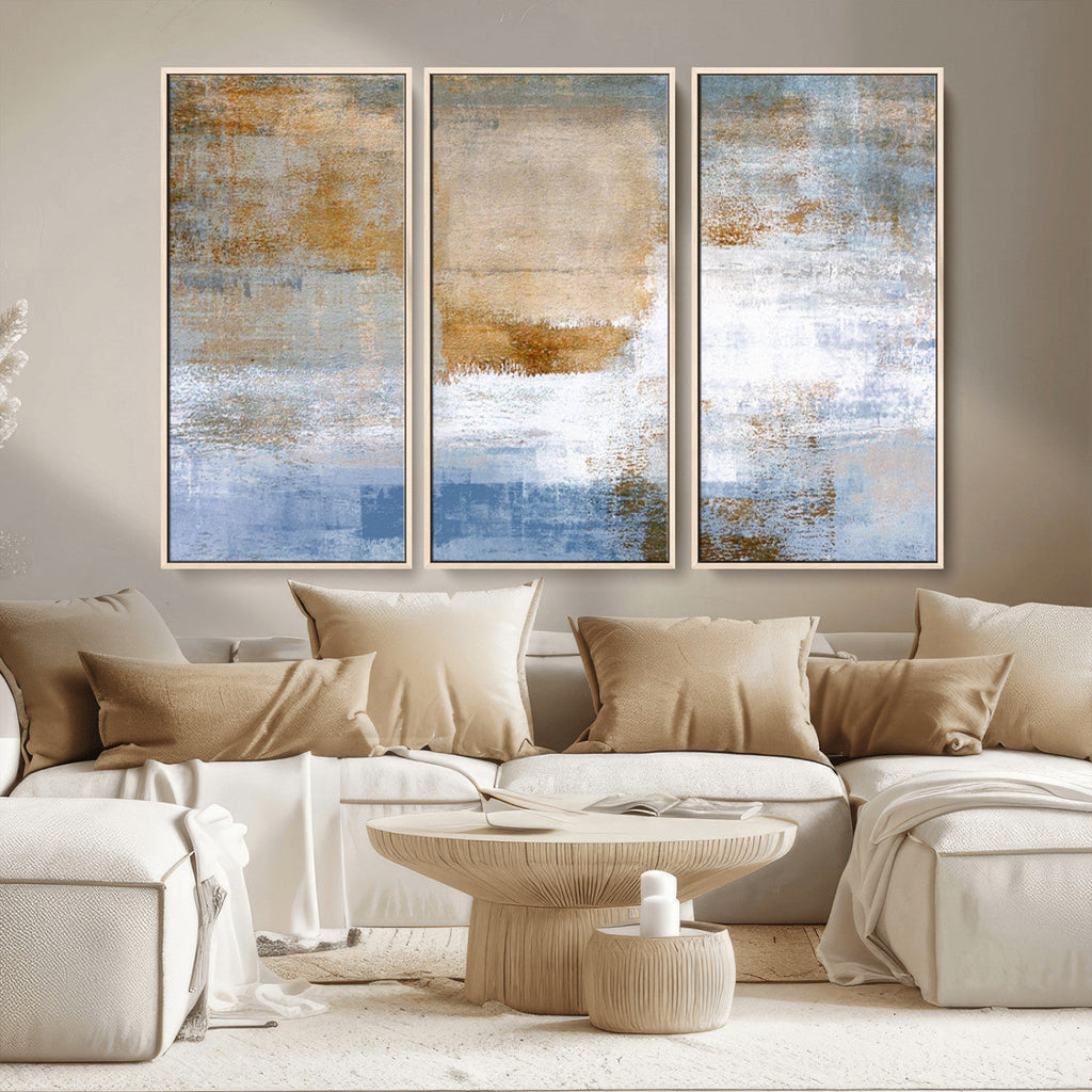 Blue Multi Panel Abstract Wall Art Canvas, Abstract Blue and Gold Canvas Print