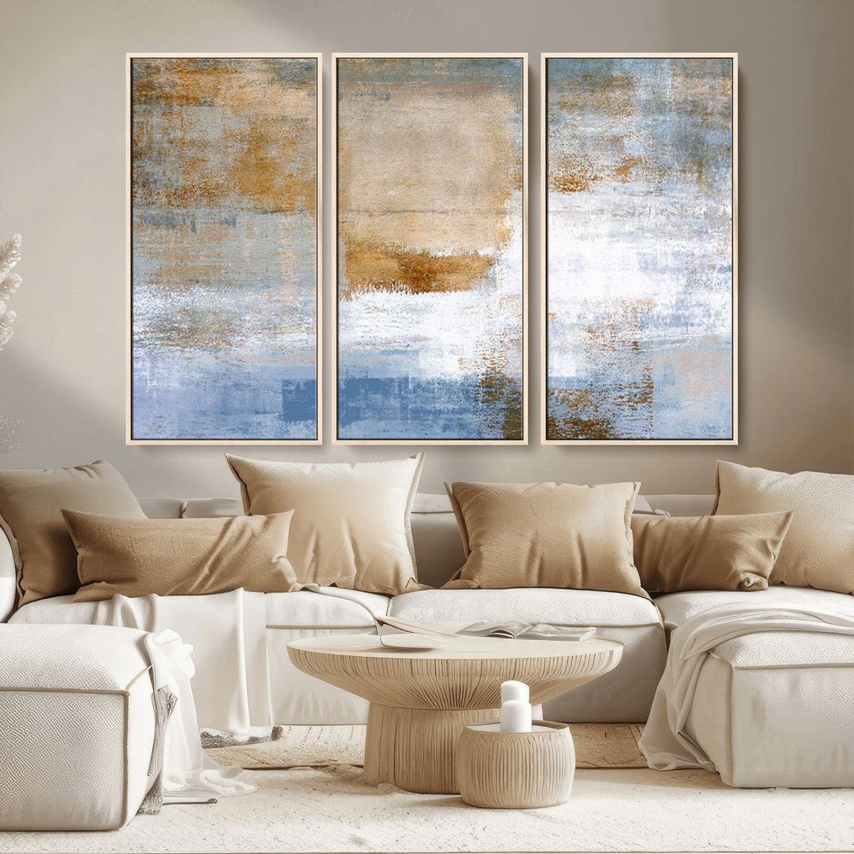 Blue Multi Panel Abstract Wall Art Canvas, Abstract Blue and Gold Canvas Print