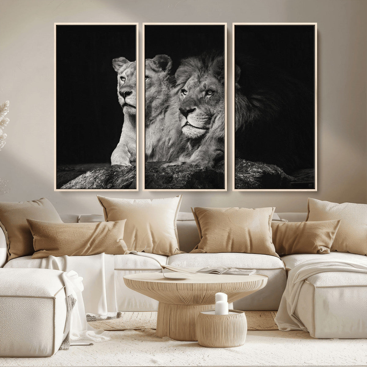 Lion Couple Wall Art Canvas Print, Elegant Black and White Wildlife Portrait