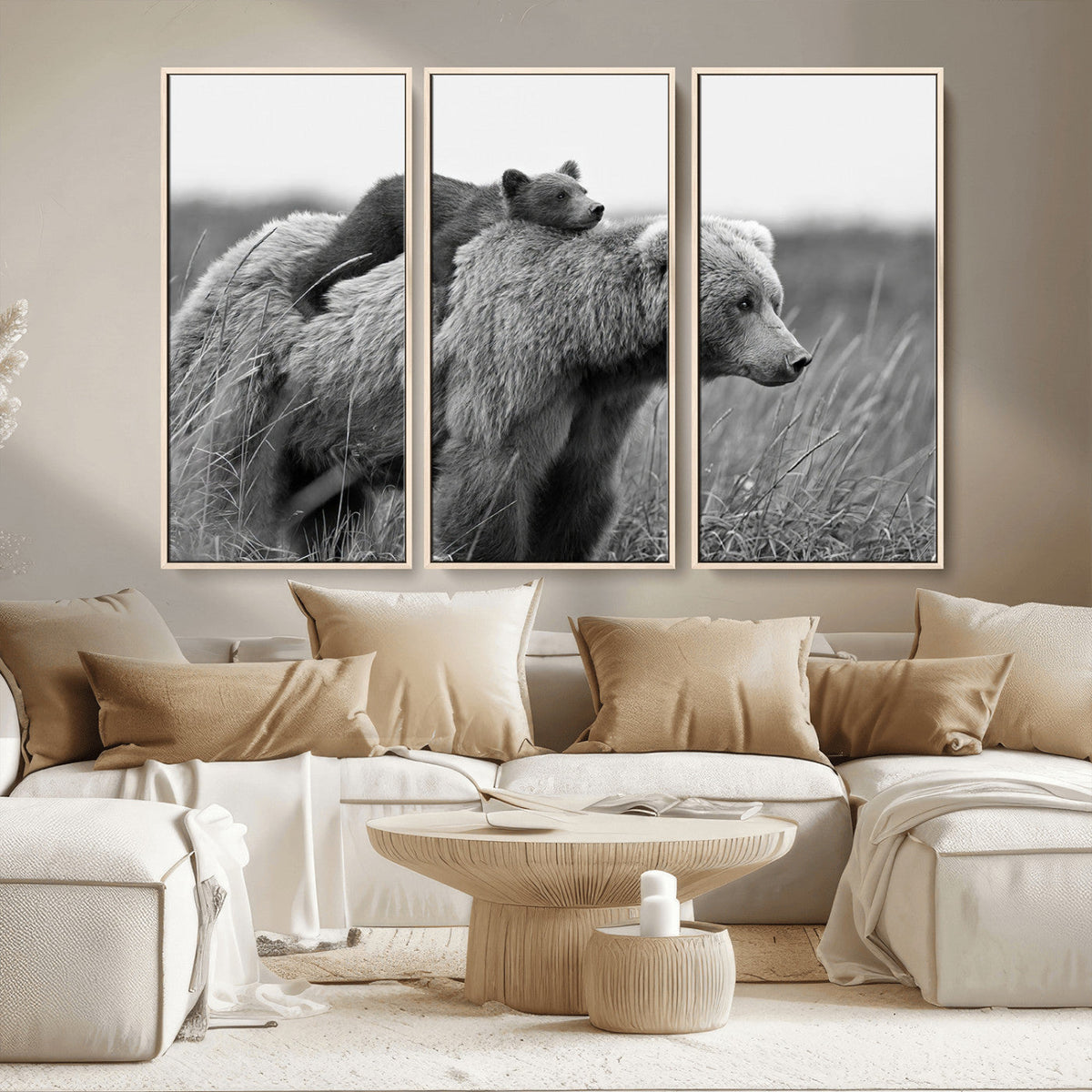 Bear and Cub Wall Art Canvas | Grizzly 399 Bear and Cub Black and White Wildlife Print