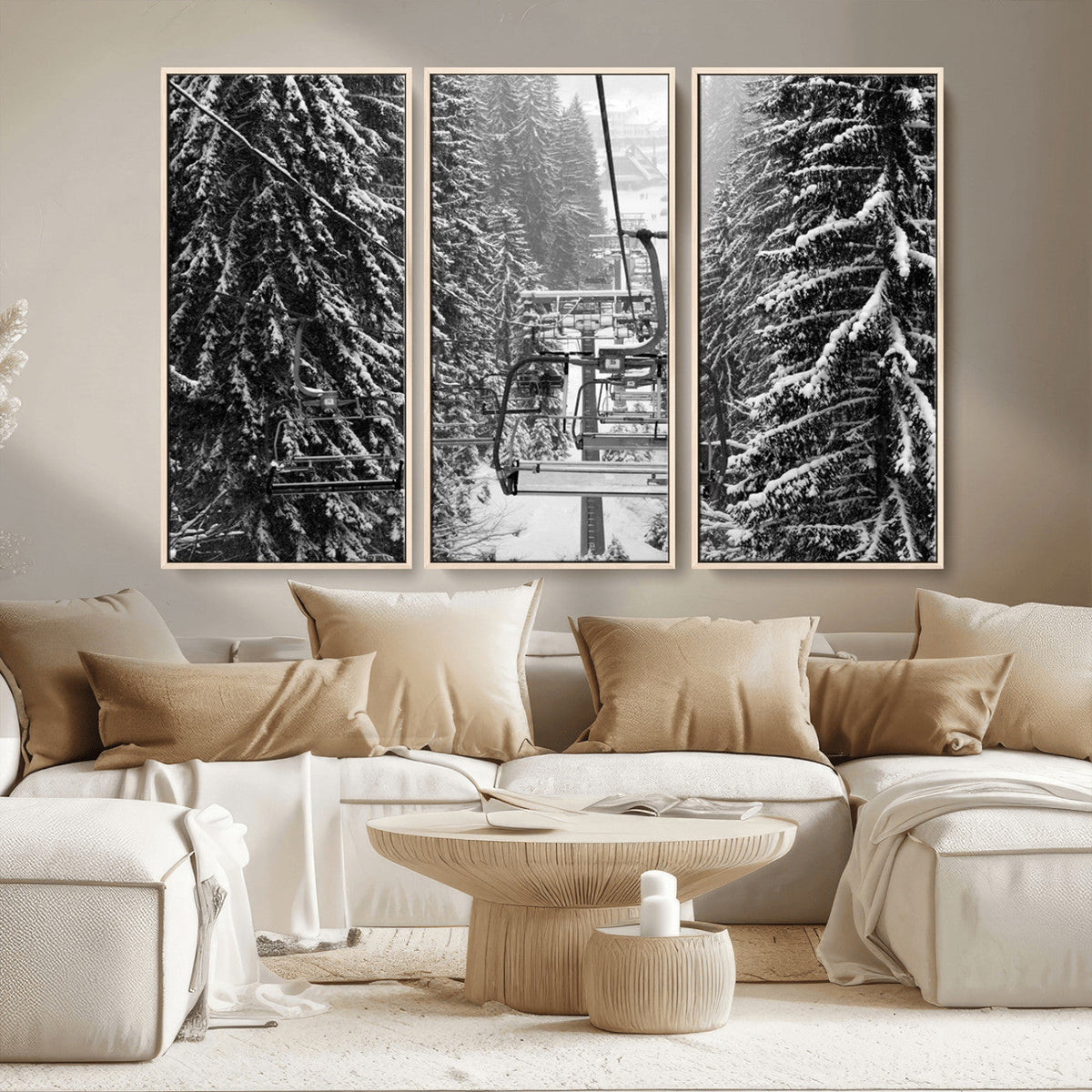 Winter Ski Lift Black and White Canvas Wall Art | Alpine Escape in Minimalist Style