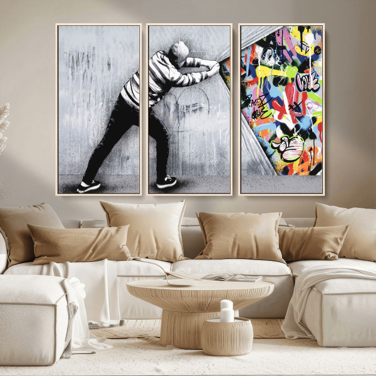 Banksy Art Behind the Curtain Street Wall Art Canvas Print | Urban Graffiti Style Wall Decor