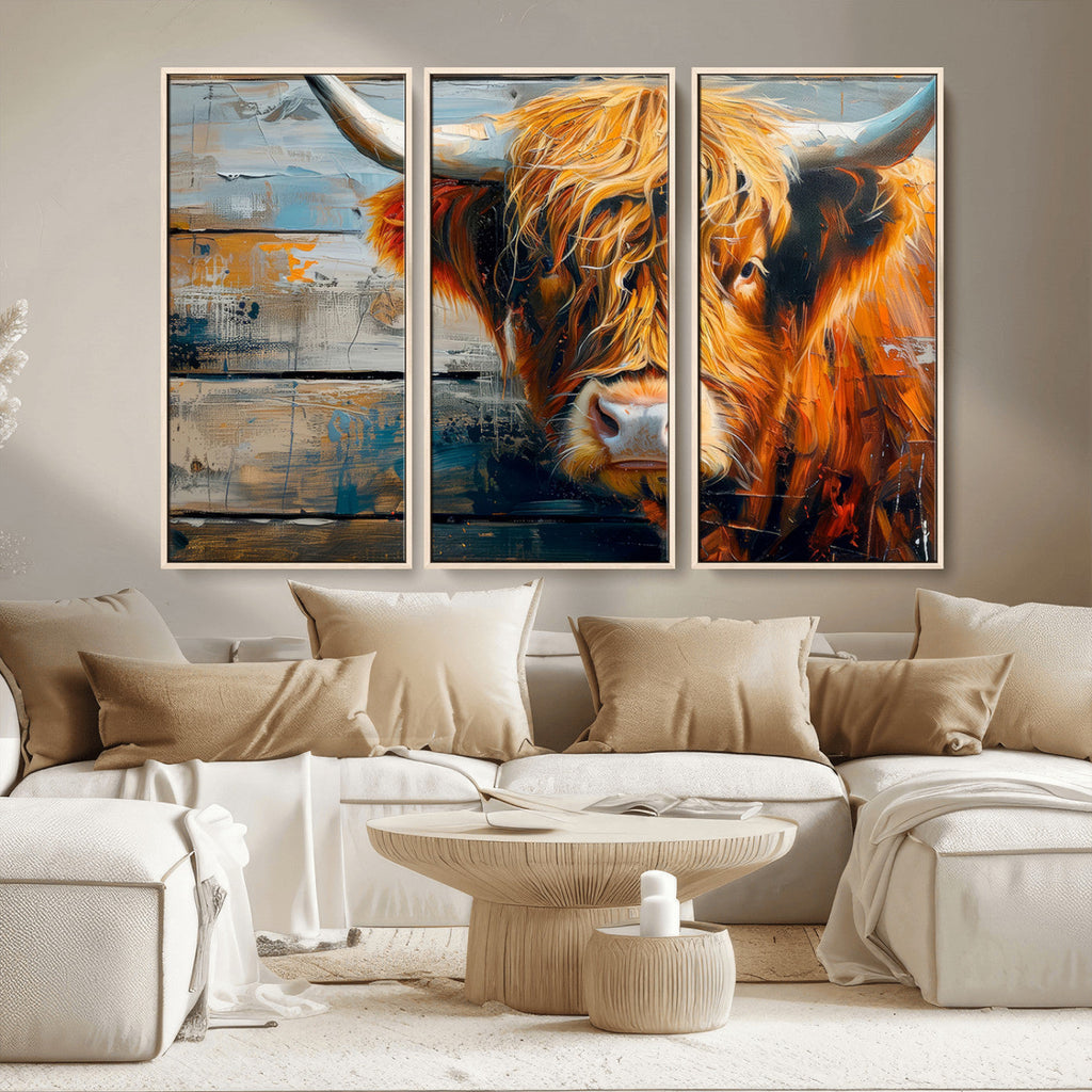 Highland Cow Abstract Canvas Wall Art, Bold Farmhouse Decor
