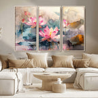 Lotus Flower Wall Art | 3 Panel Giclee Canvas Print of Pink Lotus Blossoms