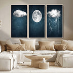 3 Piece Indigo Cloud Wall Art, Thunderstorm Moon Cloud Artwork