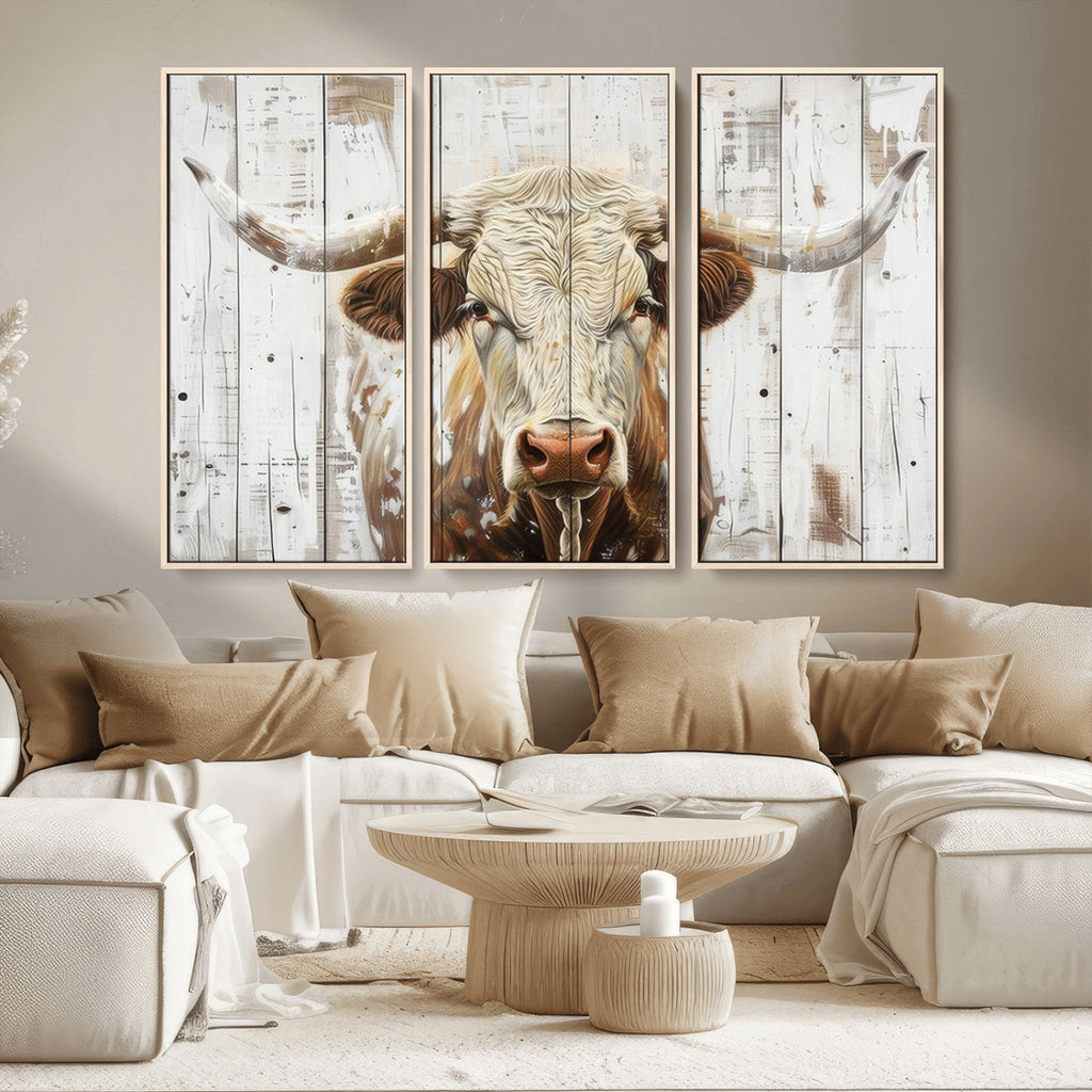 Rustic Longhorn Bull Wall Art Canvas Set