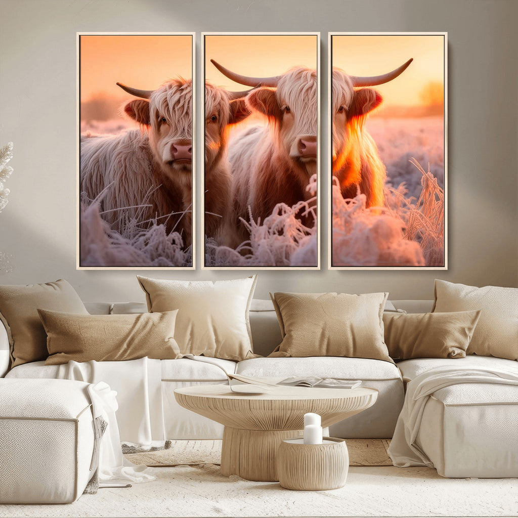 Highland Cows at Sunrise Wall Art Canvas Set