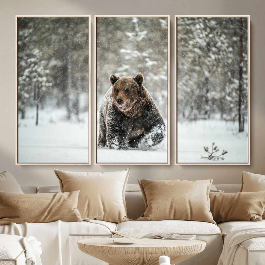 Grizzly Bear Wall Art | Framed Snowy Forest Canvas Artwork