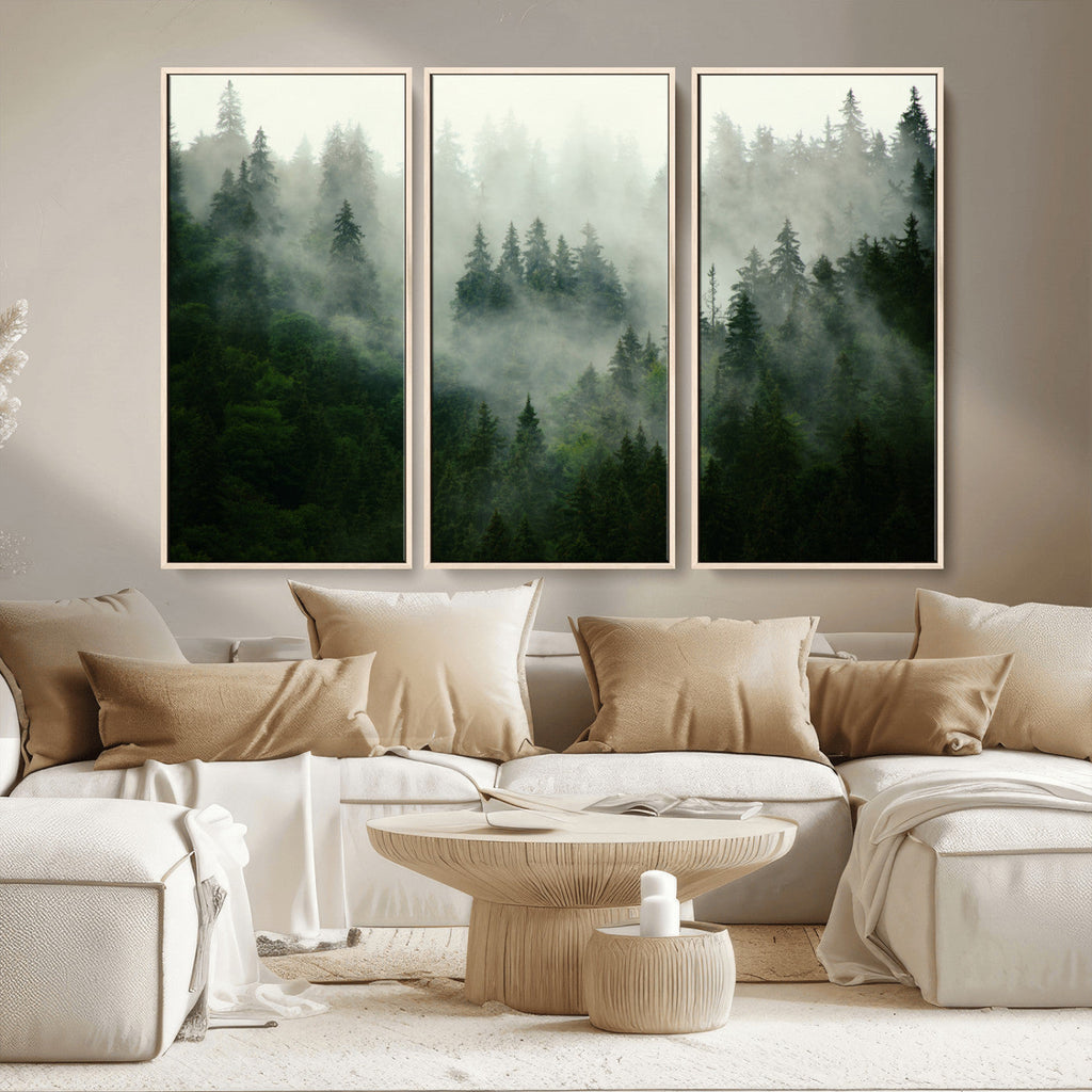 Misty Forest Wall Art | Tranquil Green Woodland Canvas Print