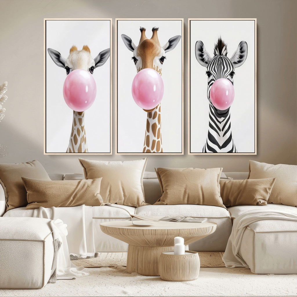 Bubblegum Animals Canvas Wall Art, Playful Giraffe and Zebra Trio, Whimsical Nursery and Kids Room Decor