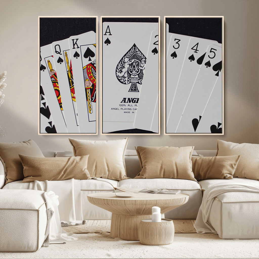 Poker Wall Art - Playing Cards Canvas Wall Art Print - Ace of Spades and Royal Flush Design