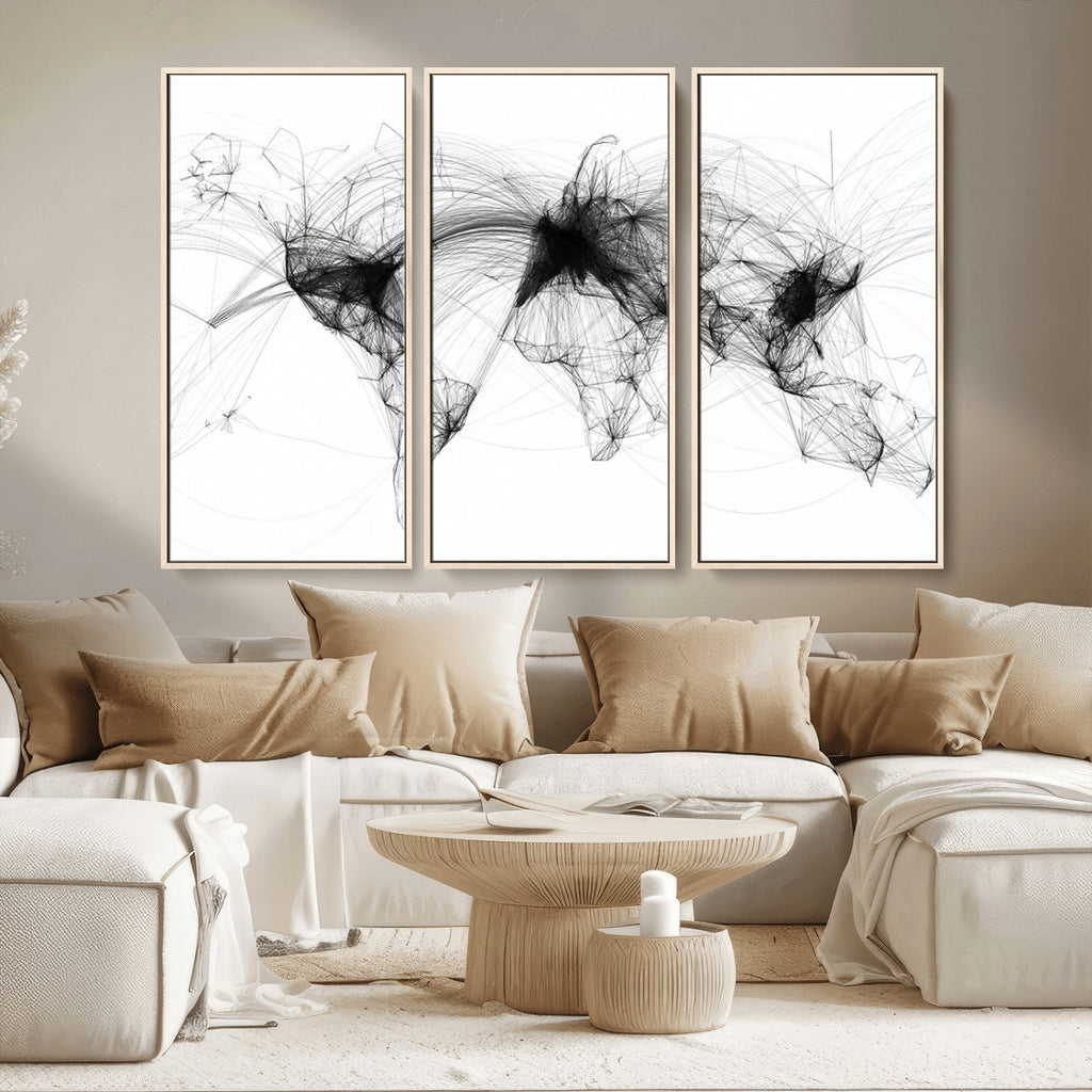 Abstract World Map Wall Art | Framed Geometric Line Canvas