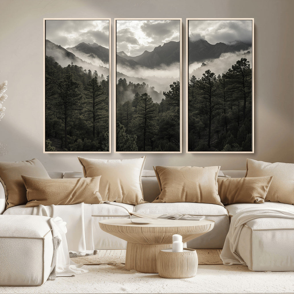 Moody Forest Wall Art | Framed Mountain Fog Canvas Artwork