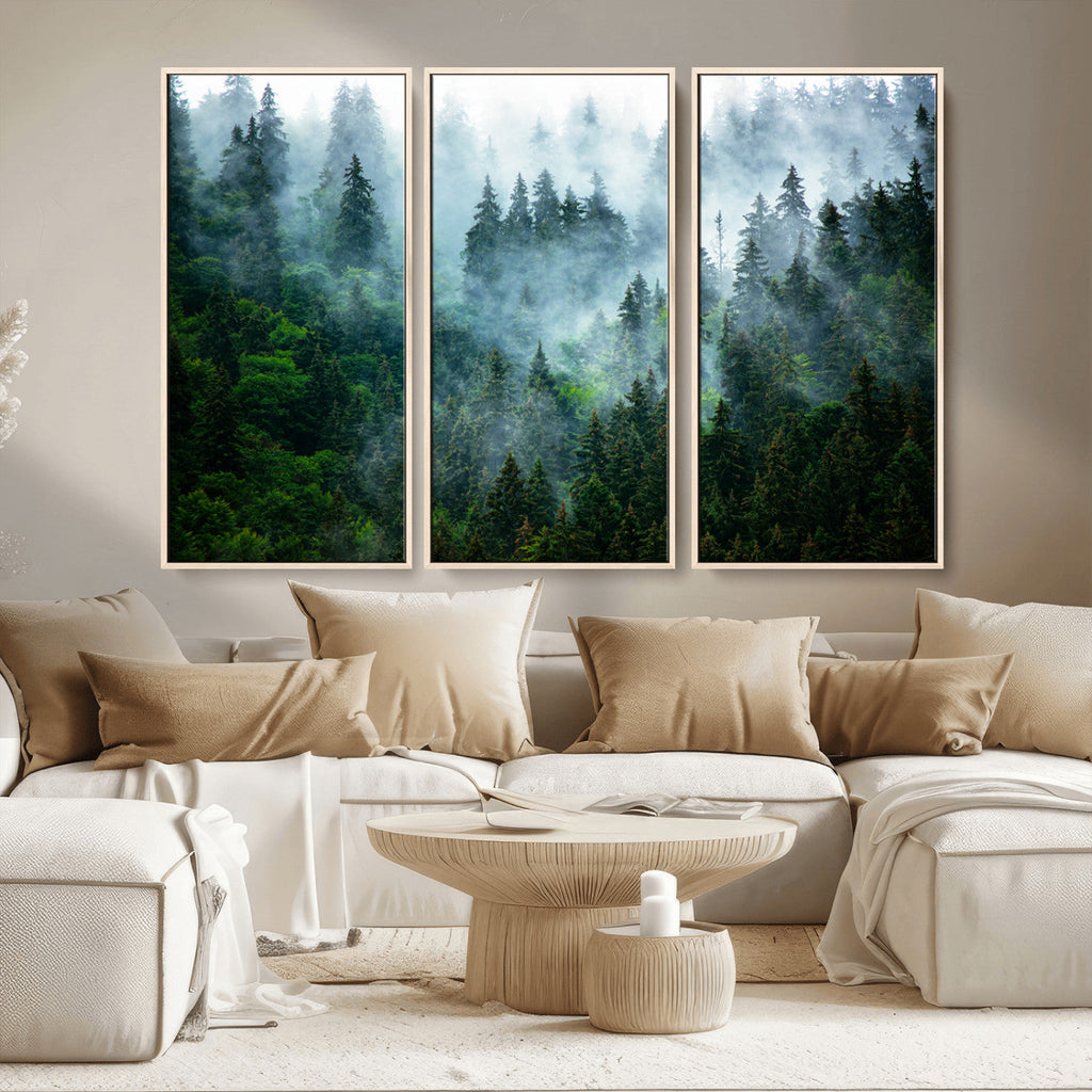Misty Forest Wall Art Canvas Print, Framed Foggy Mountain Art, Large Scenic Woodland Canvas