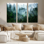 Misty Forest Wall Art Canvas Print, Framed Foggy Mountain Art, Large Scenic Woodland Canvas