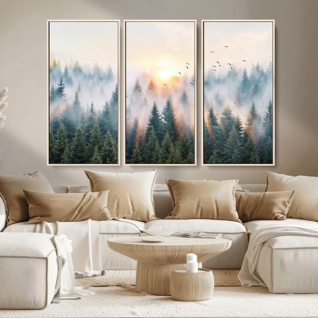 Misty Pine Forest Wall Art Canvas, Sunrise Over Foggy Trees
