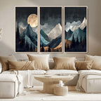 Moonlit Mountain Wall Art Canvas Print, Framed Silhouetted Pines Art, Layered Peaks Rustic Decor
