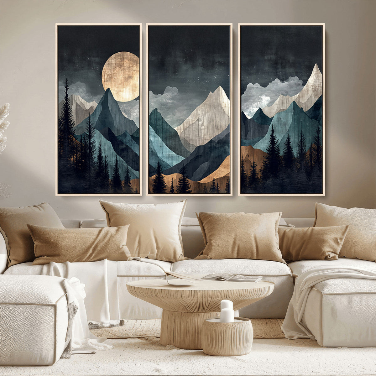Moonlit Mountain Wall Art Canvas Print, Framed Silhouetted Pines Art, Layered Peaks Rustic Decor