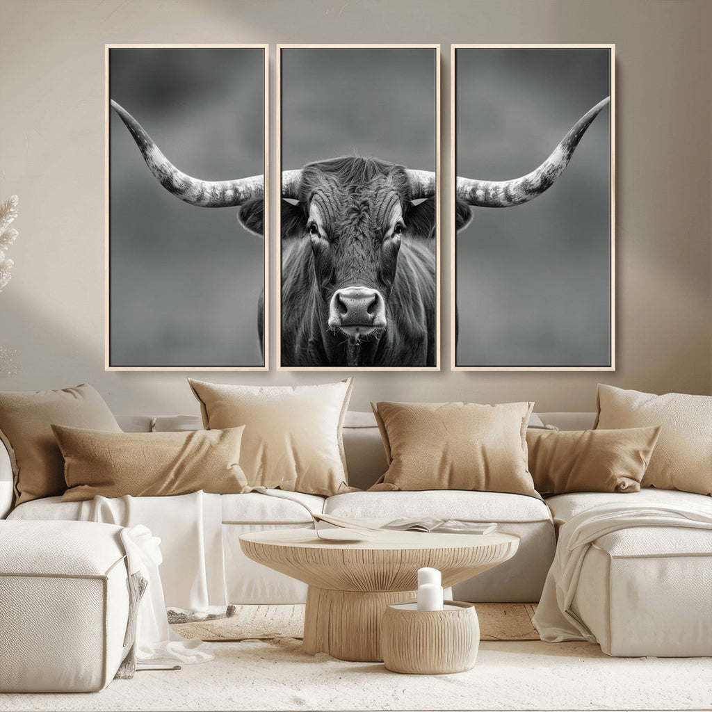 Texas Longhorn Wall Art Canvas Print, Framed Western Bull Photography, Rustic Log Cabin Decor