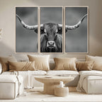 Texas Longhorn Wall Art Canvas Print, Framed Western Bull Photography, Rustic Log Cabin Decor