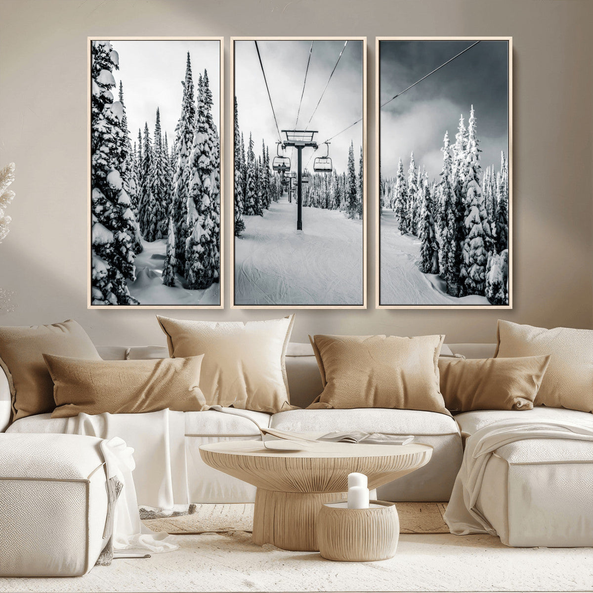 Snowy Pines Wall Art Canvas Print | Ski Lift in a Winter Forest