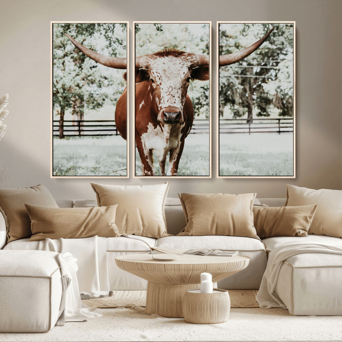 Texas Longhorn Wall Art Canvas Print | Framed Spotted Brown and White Bull