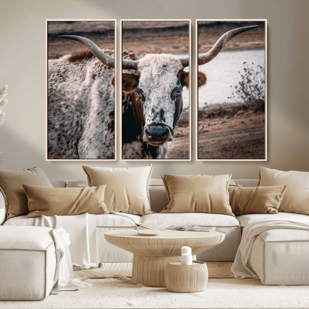 Texas Longhorn Wall Art Canvas Print | Framed Brown and White Spotted Longhorn