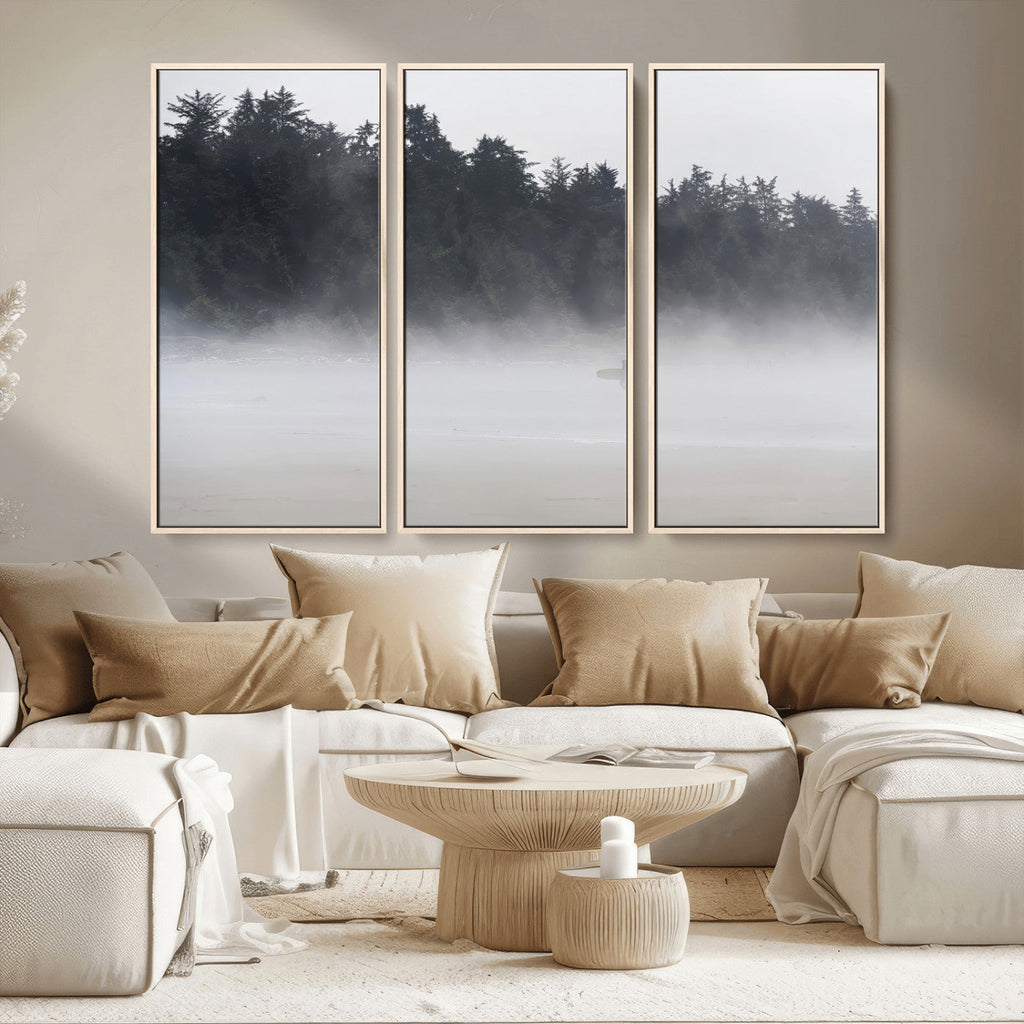 Surfer Fog Wall Art Canvas Print, Framed Foggy Beach and Coastal Surf Scene