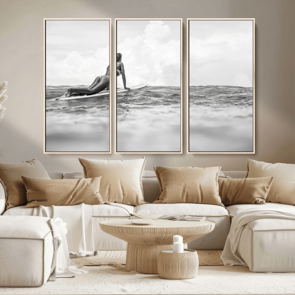 Black and White Surfing Wall Art Canvas Print, Framed Ocean Horizon Surfer Girl