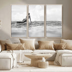 Black and White Surfing Wall Art Canvas Print, Framed Ocean Horizon Surfer Girl