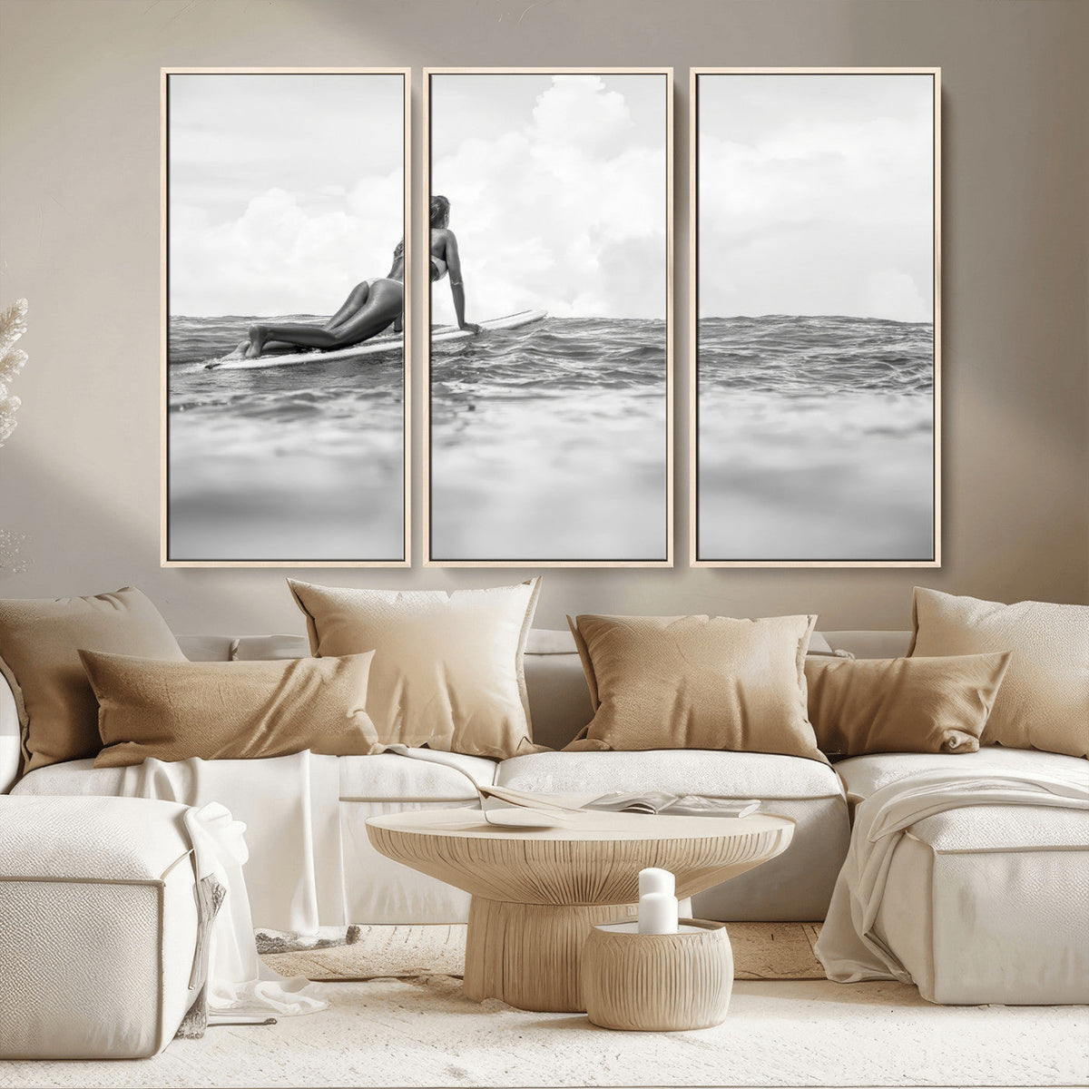 Black and White Surfing Wall Art Canvas Print, Framed Ocean Horizon Surfer Girl