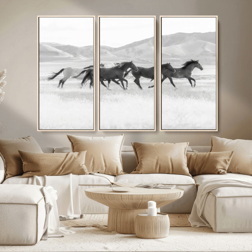 Wild Horses Running Wall Art Canvas Print, Framed Black White Mustangs Artwork