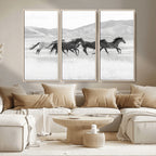 Wild Horses Running Wall Art Canvas Print, Framed Black White Mustangs Artwork