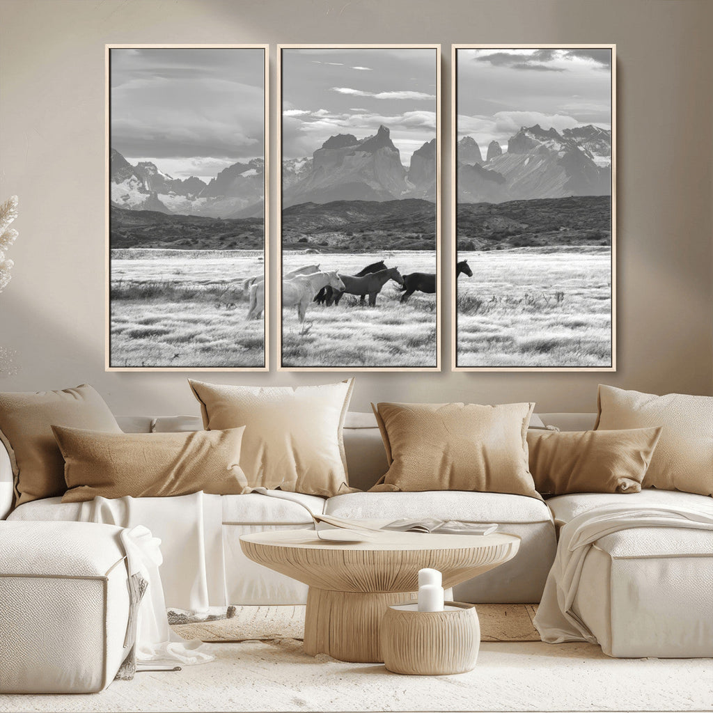 Wild Horses Wall Art | Framed Black White Mountain Canvas