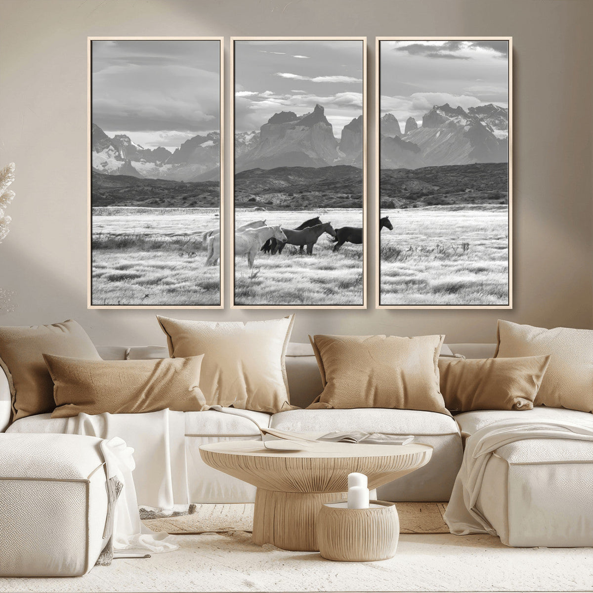Wild Horses Wall Art | Framed Black White Mountain Canvas