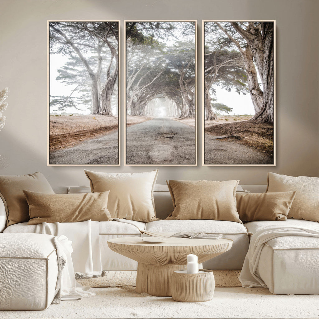 Cypress Tunnel Wall Art | Framed Misty Road Canvas Artwork