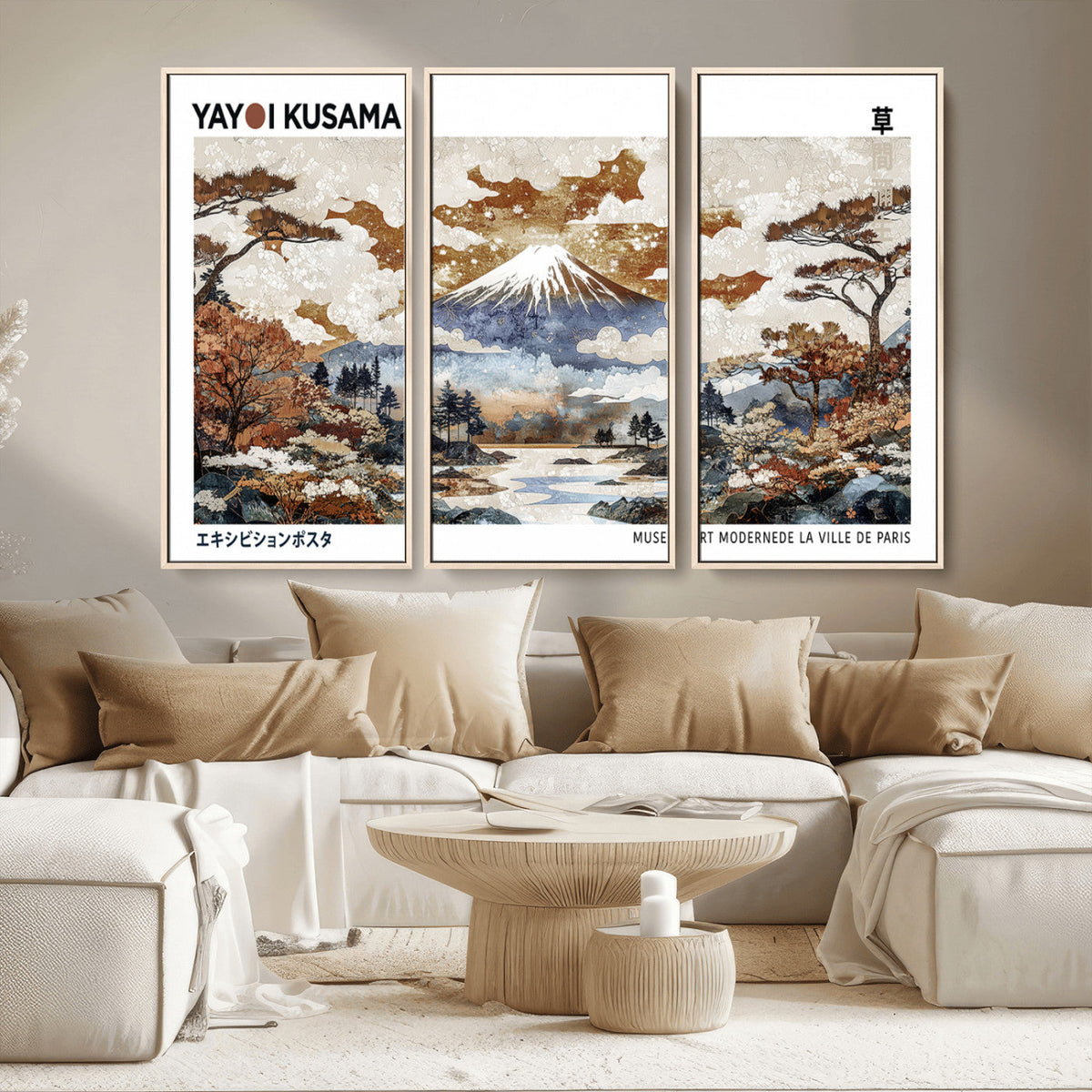 Modern Japanese Mount Fuji Canvas Art Print, Yayoi Kusama Wall Art, Framed Abstract Japanese Landscape
