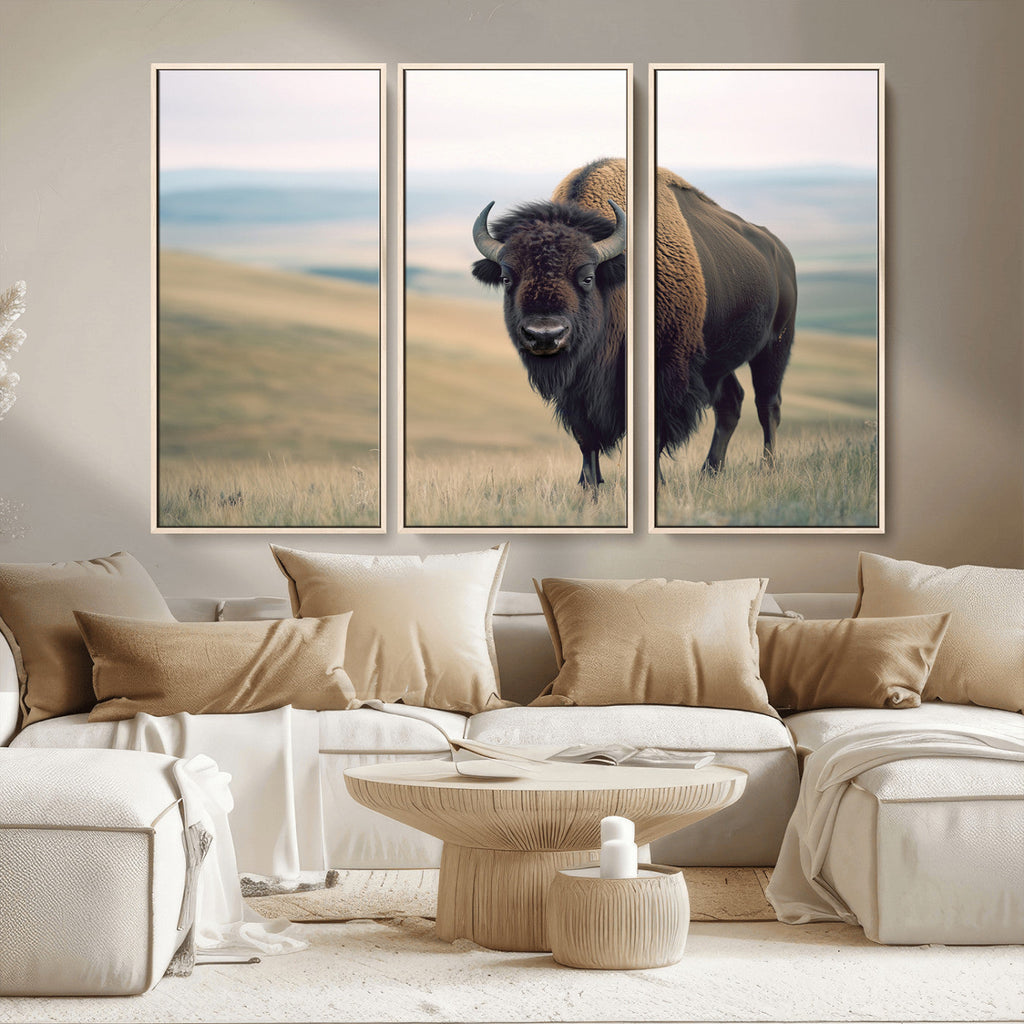 Bison Wall Art Canvas Print, Framed American Buffalo Rustic Western Artwork