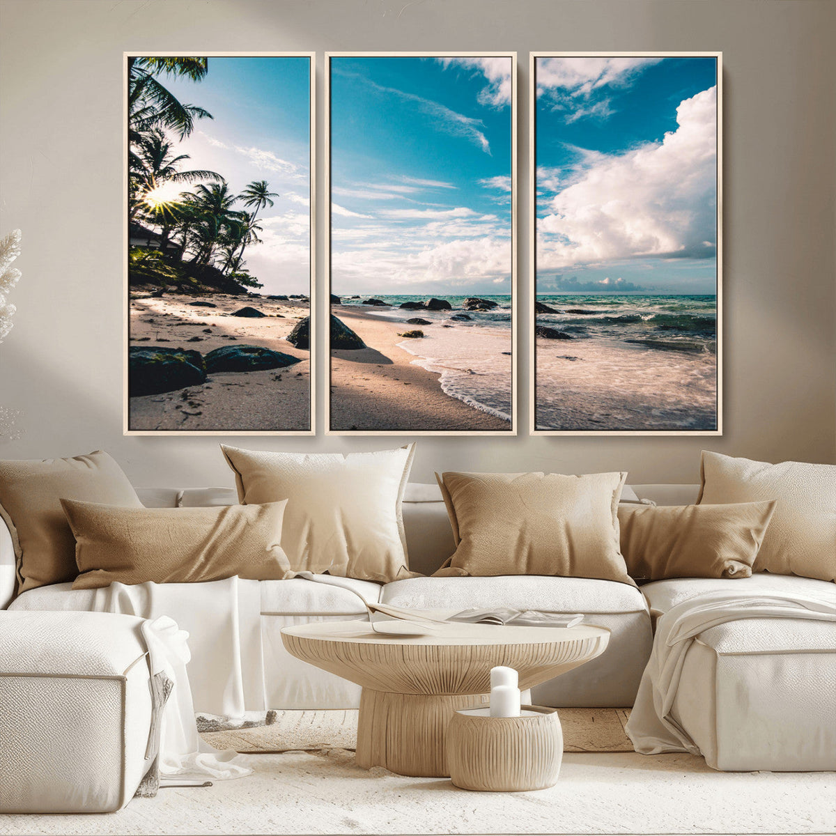 Tropical Beach Wall Art Canvas Print, Framed Ocean Waves Relaxing Seascape