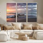 Golden Hour Wall Art Canvas Print, Framed Tranquil Waves Beach Sunset