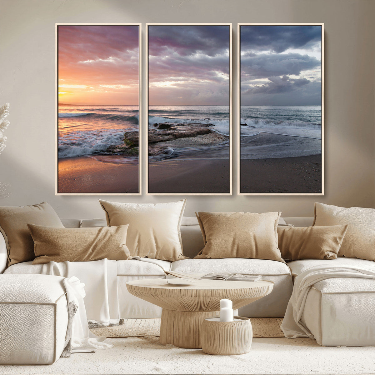 Golden Hour Wall Art Canvas Print, Framed Tranquil Waves Beach Sunset