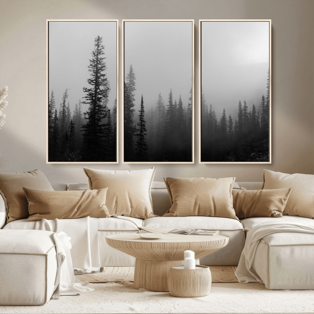 Misty Pines Wall Art Canvas Print, Framed Woodland Minimalist Black and White