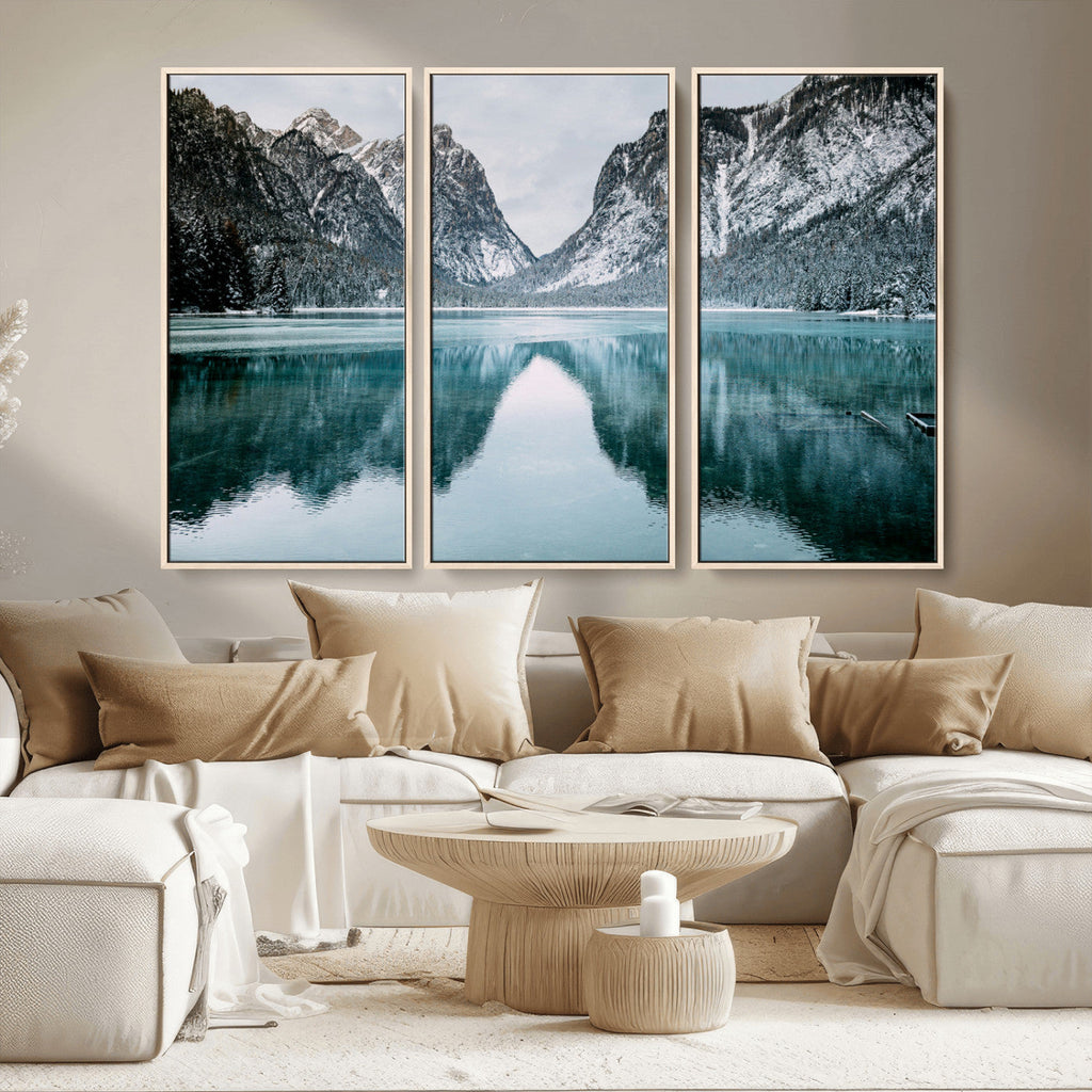 Mountain Lake Wall Art Canvas Print, Framed Toblacher See Winter Wonderland