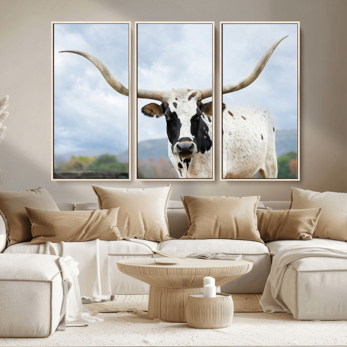 Texas Longhorn Wall Art Canvas Print, Framed Western Rustic Farmhouse