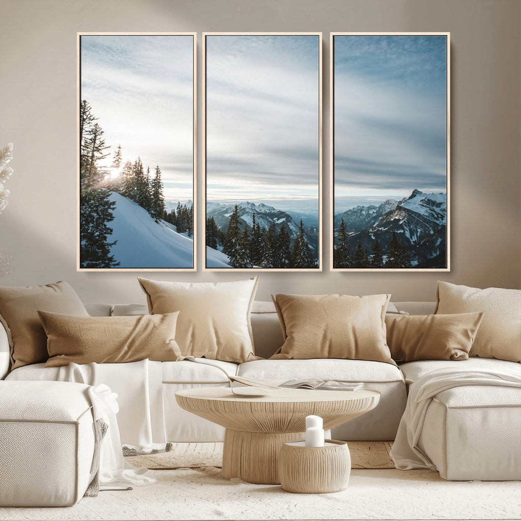 Snowy Mountains Wall Art Canvas Print, Framed Alpine Landscape Frosty Peaks Artwork