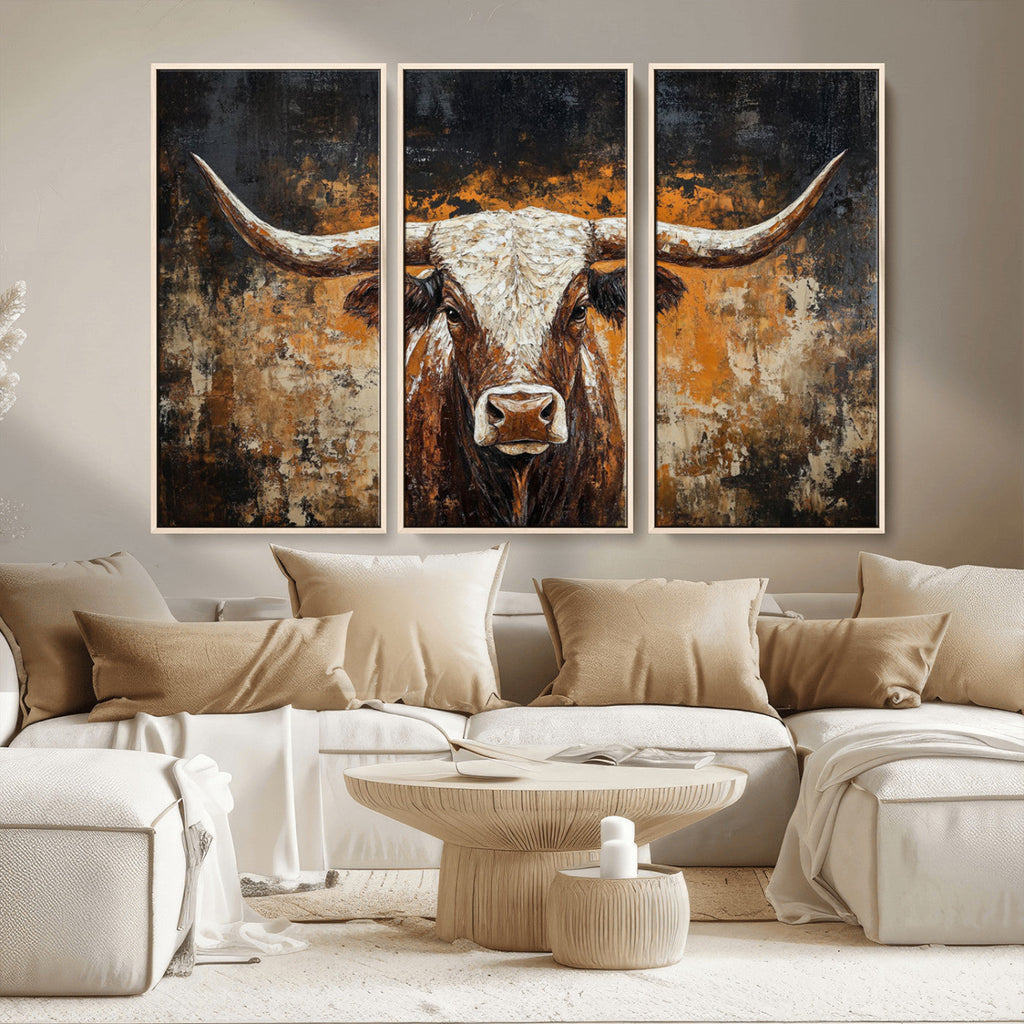 Abstract Longhorn Bull Wall Art Canvas Print, Vintage Western Texas Steer Artwork